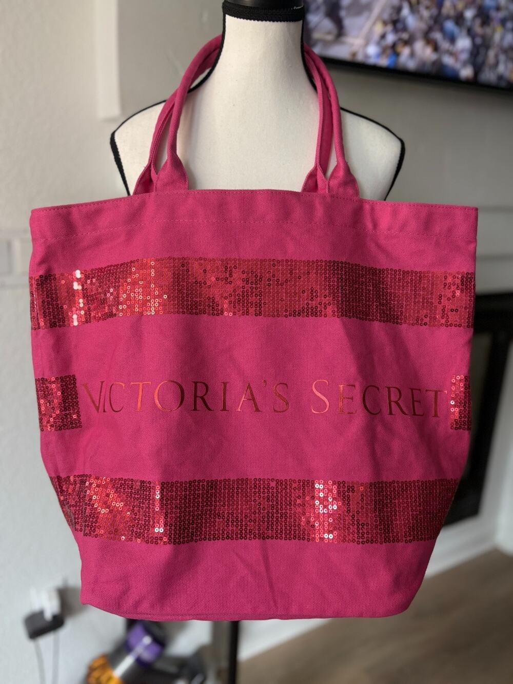 Victoria Secret Extra Large Beach Hot Pink Sequin Town Tote Bag Overnight